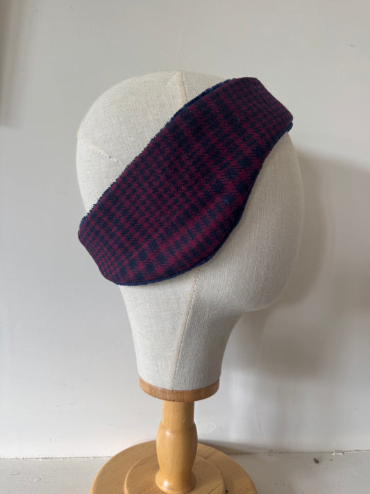 Tweed burgundy navy houndstooth check headband earwarmers