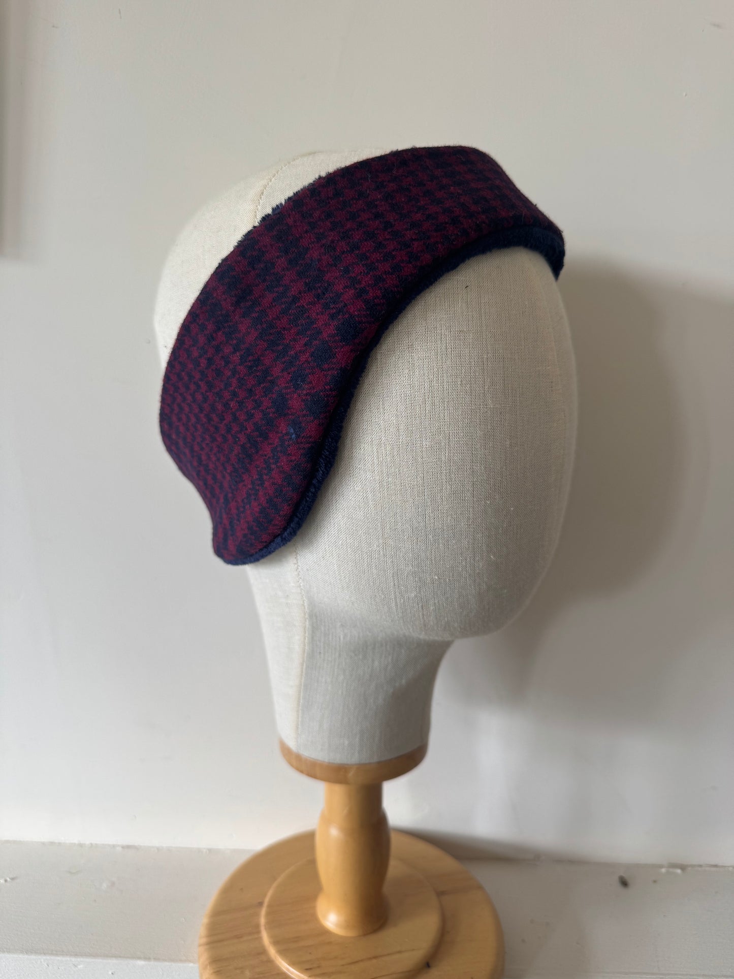 Tweed burgundy navy houndstooth check headband earwarmers